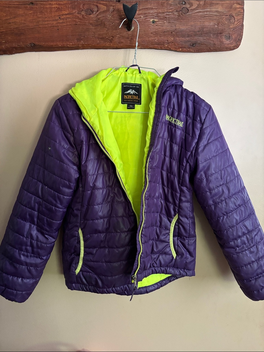 Pacific Trail Purple Puffer Jacket with Neon Lime Interior